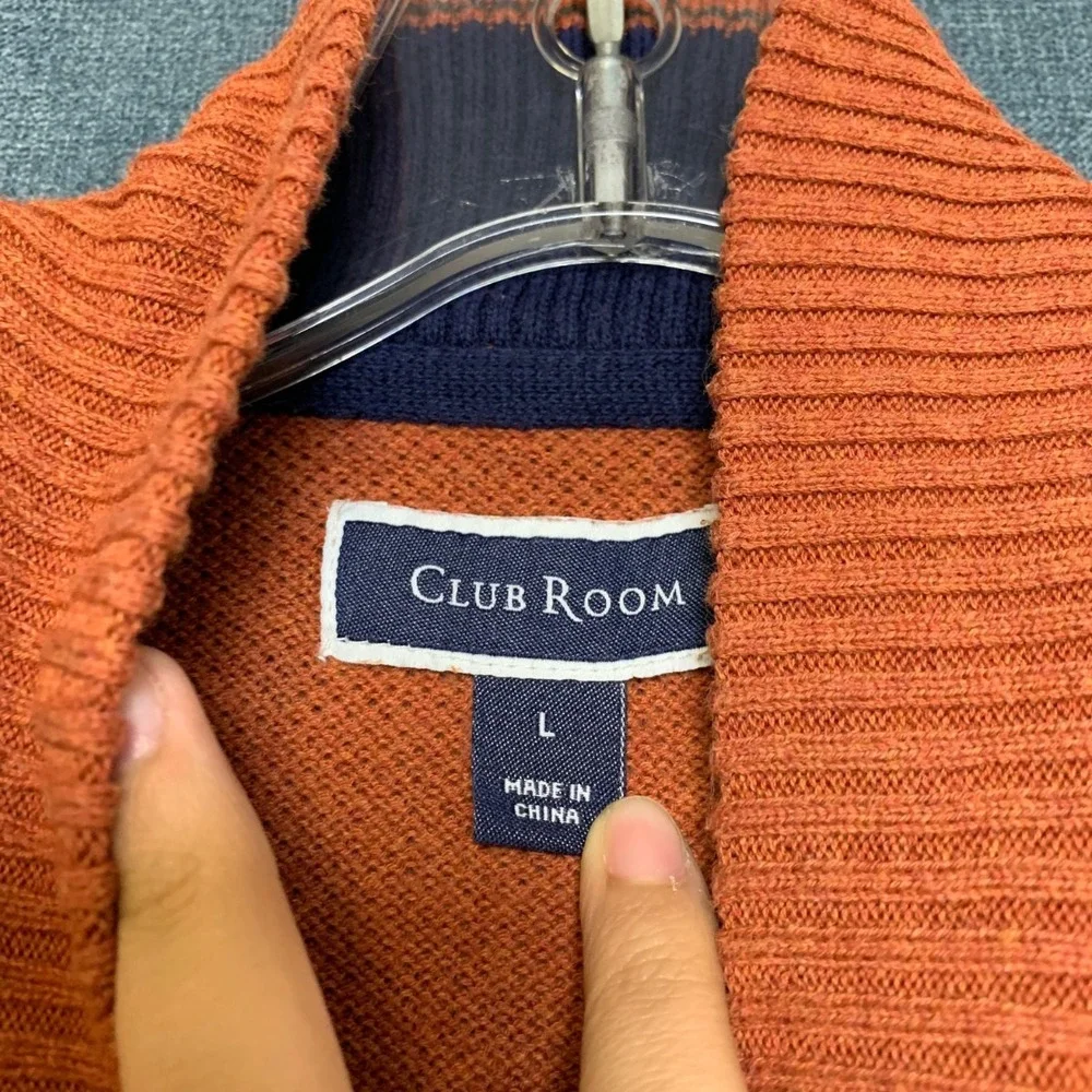Club Room Sweater Mens Large Orange Cotton Ribbed Hem Quarter Zip Mock Neck